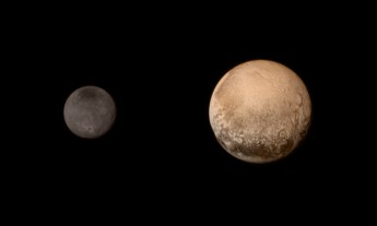 Pluto and its largest moon, Charon, could be considered a double planet. The balance point between them is between them in space, not within Pluto, so they're orbiting together around a point in space. This is our first mission to a double planet.