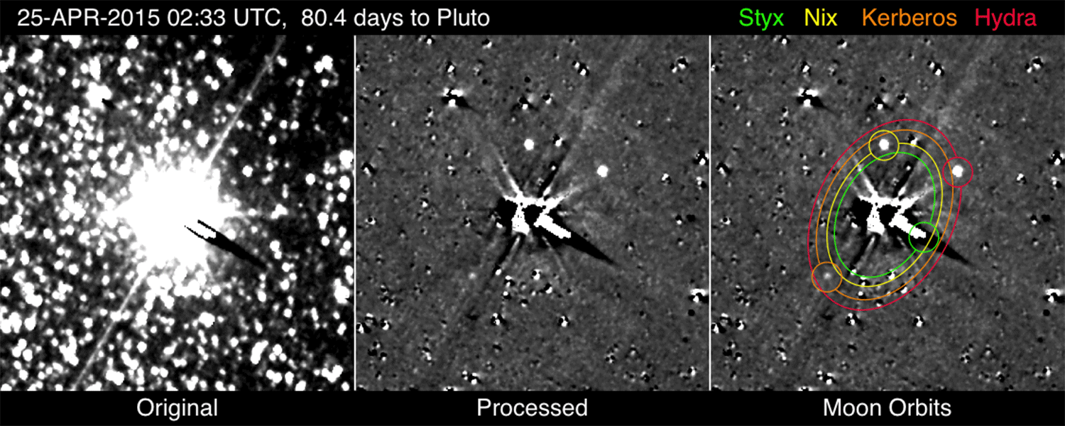 For the first time, NASA’s New Horizons spacecraft has photographed Kerberos and Styx, the smallest and faintest of Pluto’s five known moons. Image courtesy NASA/JHUAPL/SWRI.