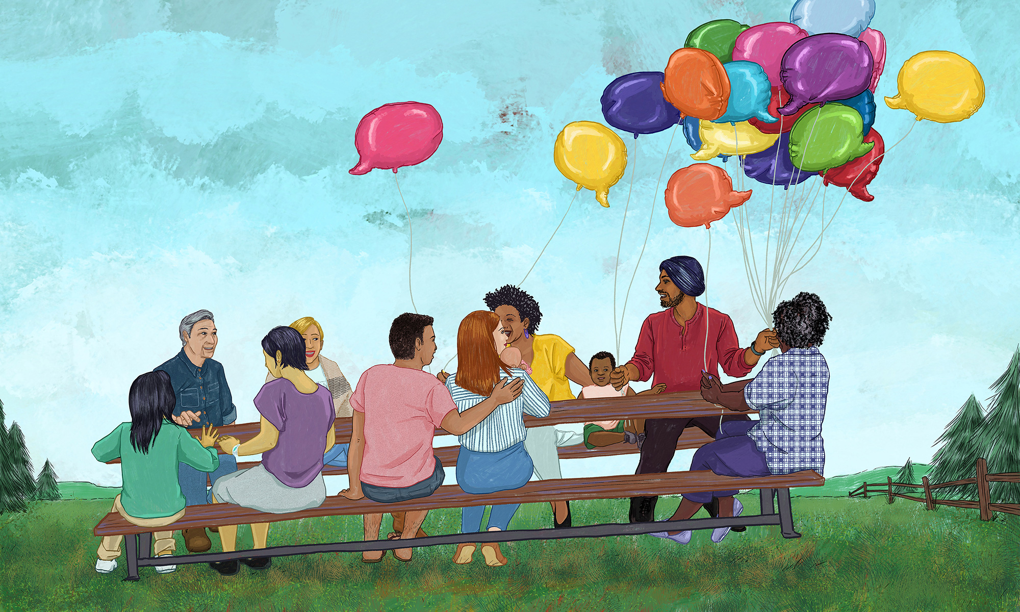  A diverse group of people are sitting on park benches and standing in a field, talking and laughing, with colorful balloons floating above them.