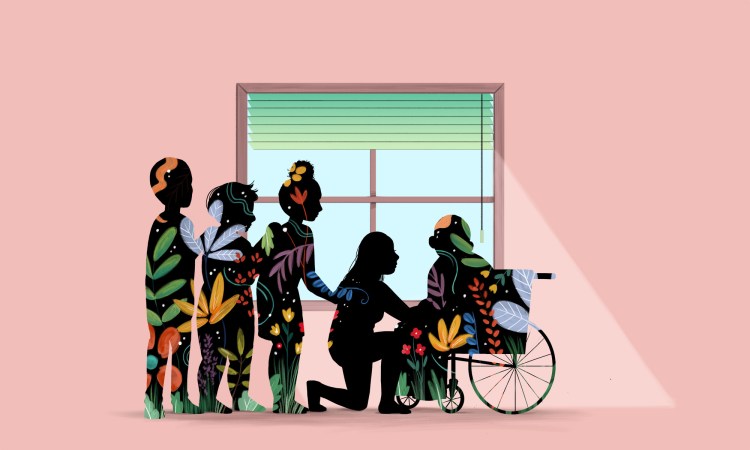 Illustration of family all facing an individual in a wheel chair in front of a window