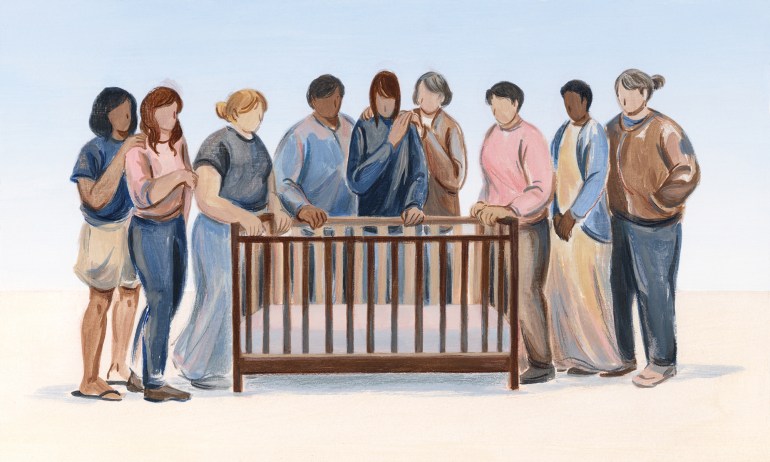 Illustration: a group of people gather supportively around a person looking sadly into an empty crib