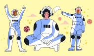 Set of astronaut women in spacesuit and helmet in different poses flat vector illustration. Clipart with girl cosmonaut characters. International female group in cosmos. Astronauts people